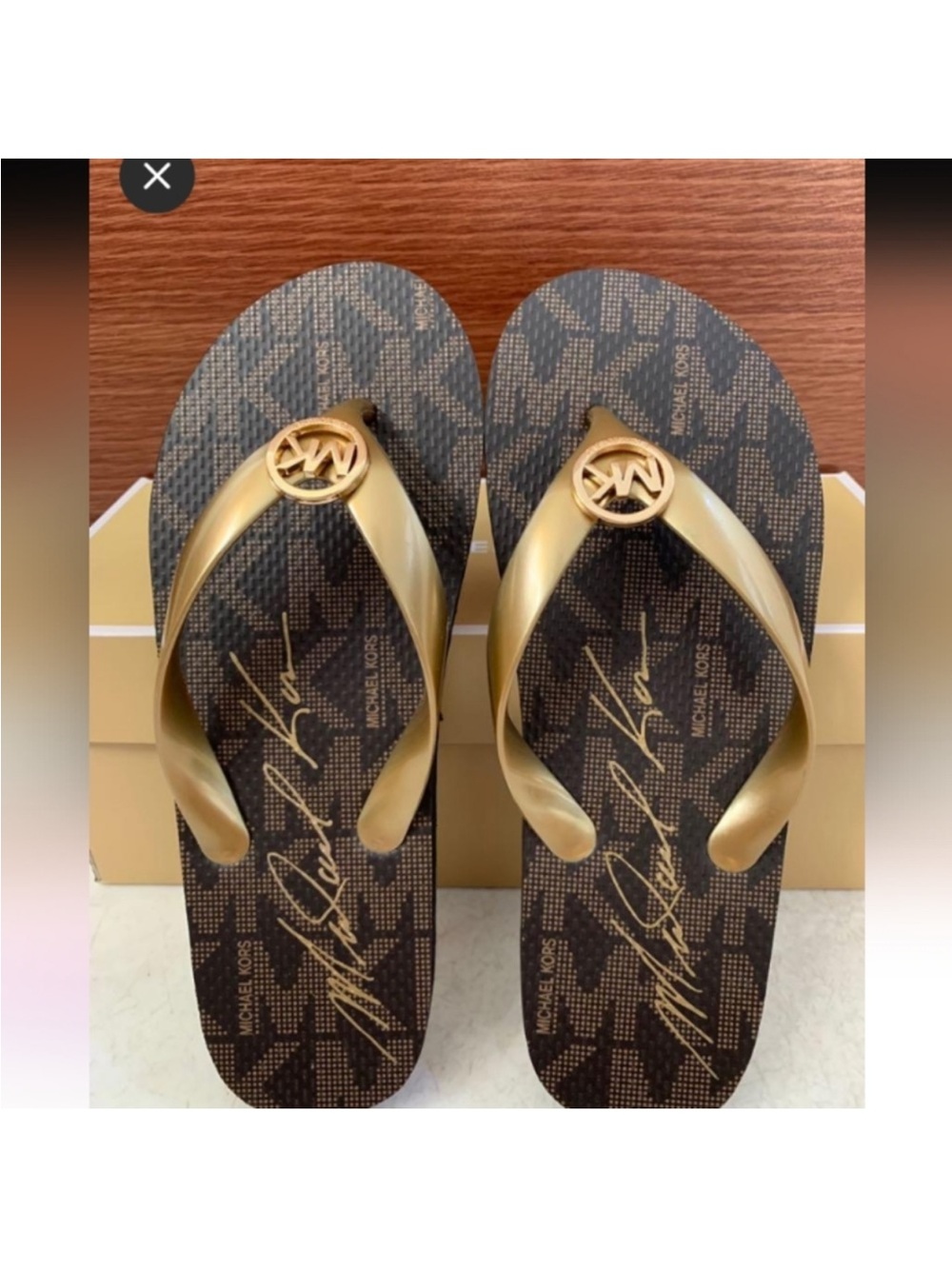 MICHAEL Michael Kors Gold and Brown Logo Flip Flop Sandals